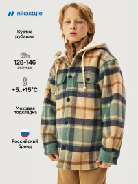 Куртка рубашка для мальчика ветровка в клетку утепленная: мох, зеленый, бежевый